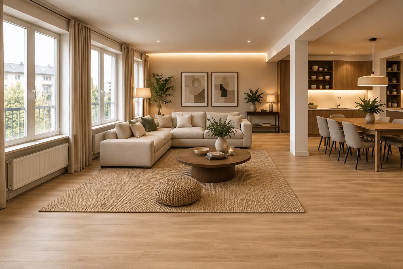 Furnished modern living room with a velvet sofa, textured rug, and curated art.