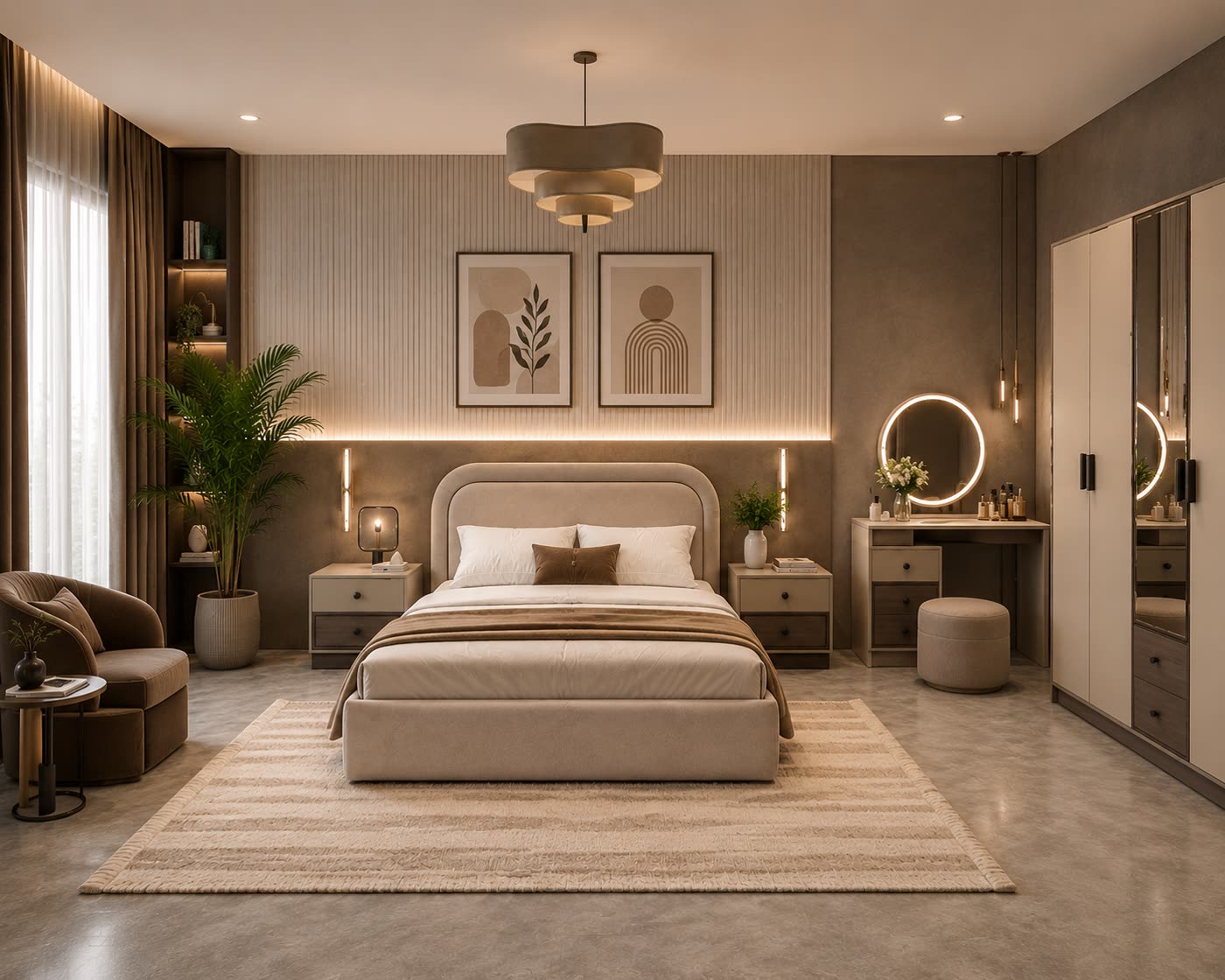 Styled bedroom with a beige upholstered bed, vanity side mirror, framed wall art, and a wooden side table.