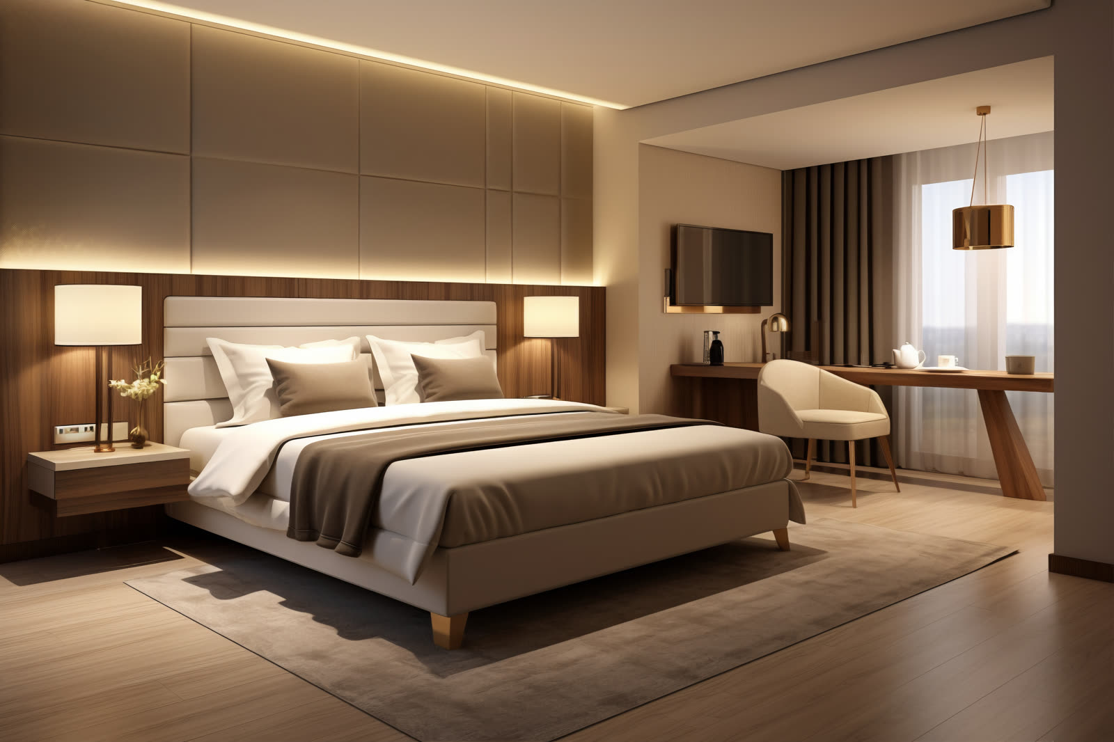 Minimalist bedroom with a low upholstered bed and warm pendant lighting.