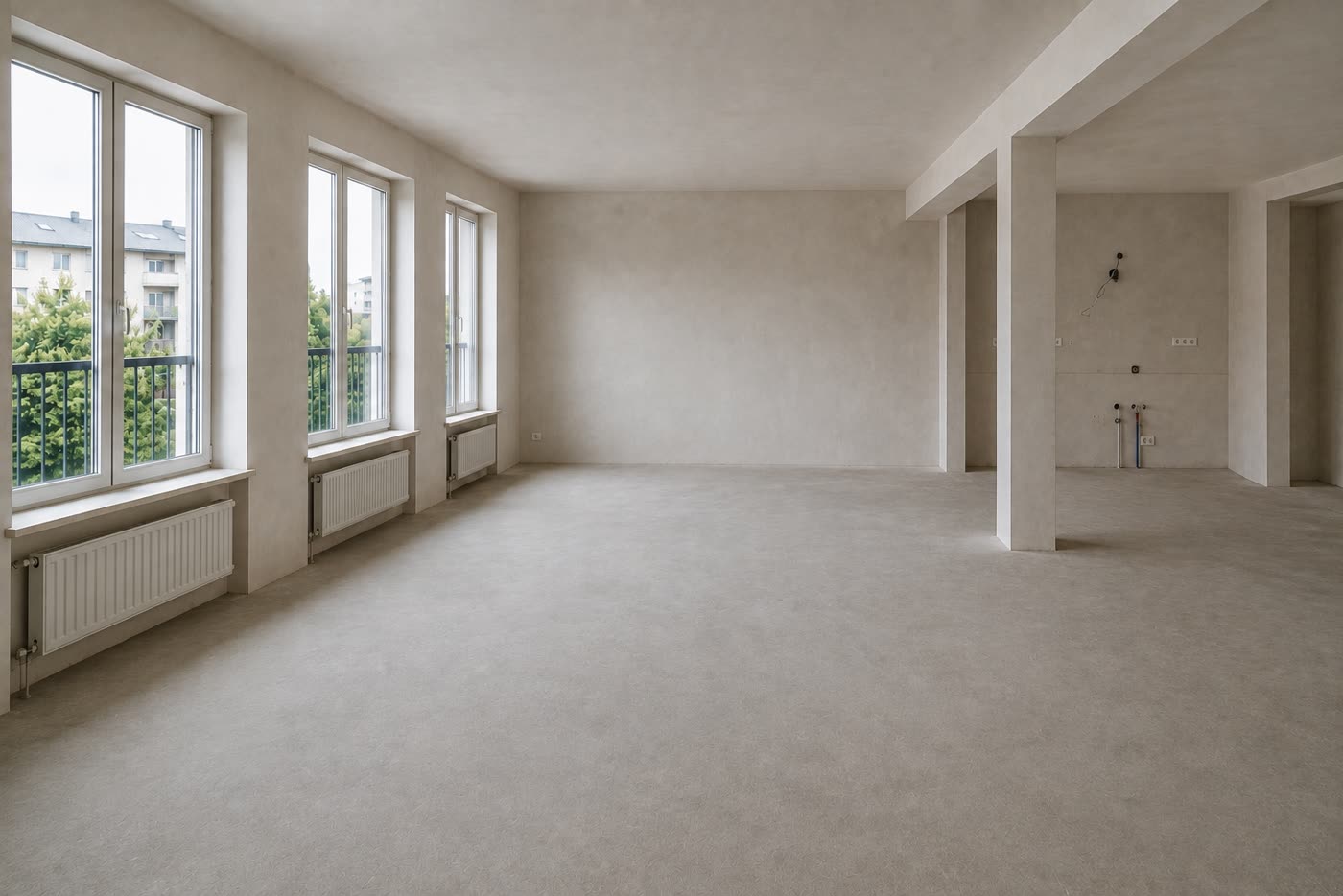 Empty room with white walls, hardwood floors, and a large window before furnishing.