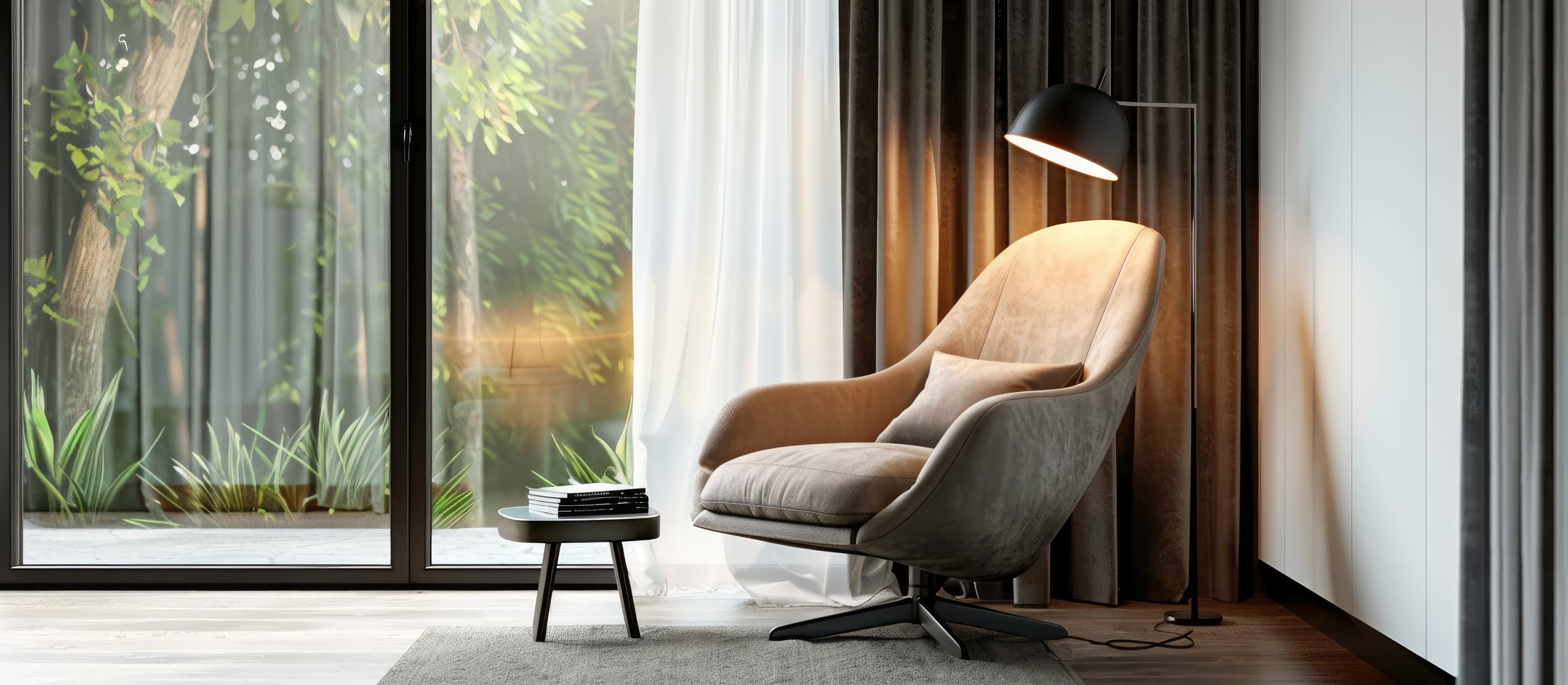 Cozy evening room nook with an armchair, lamp, ceramic vases, and a tall indoor plant.