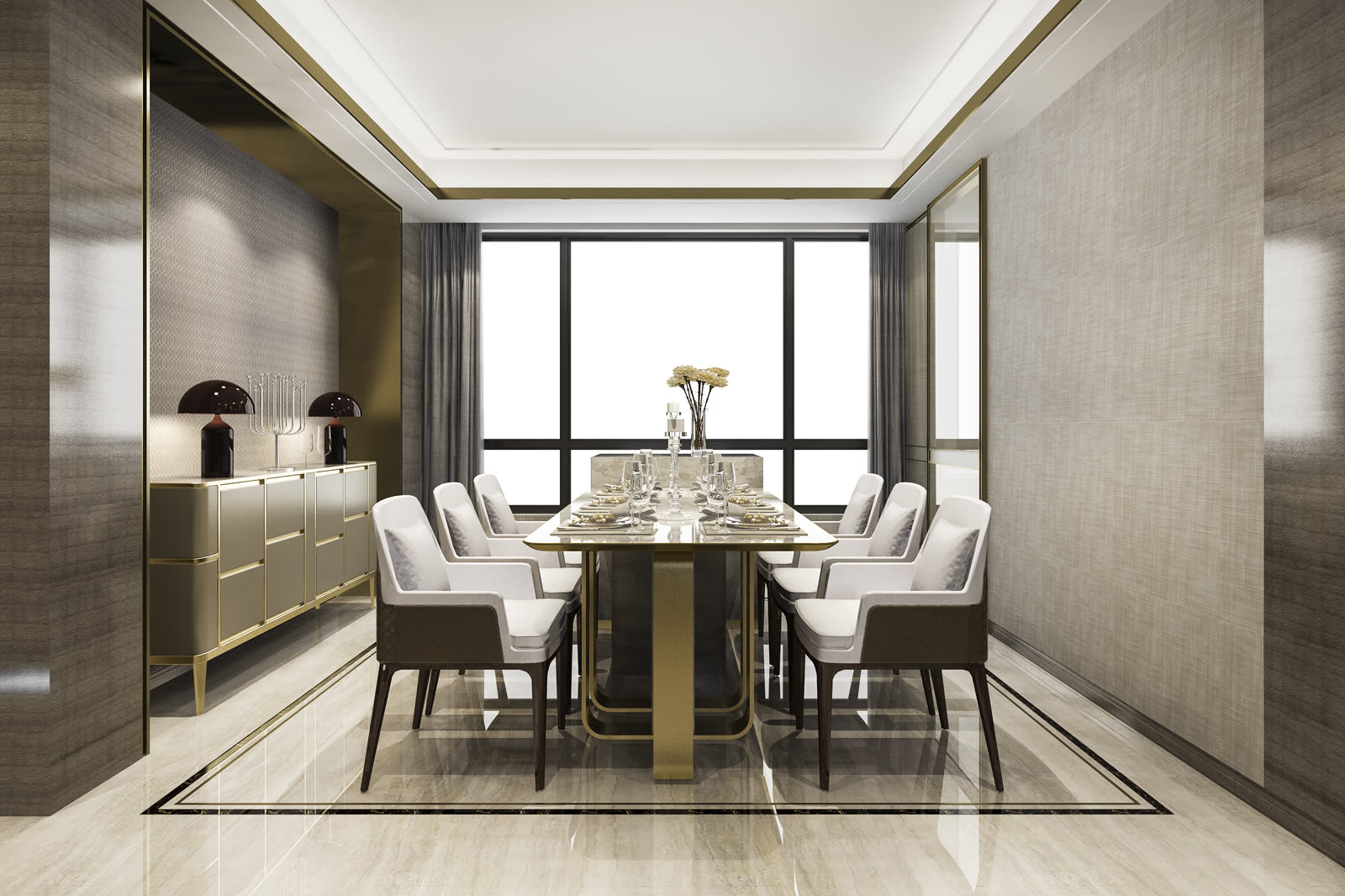 Dining room with a travertine table and sculptural black chairs.
