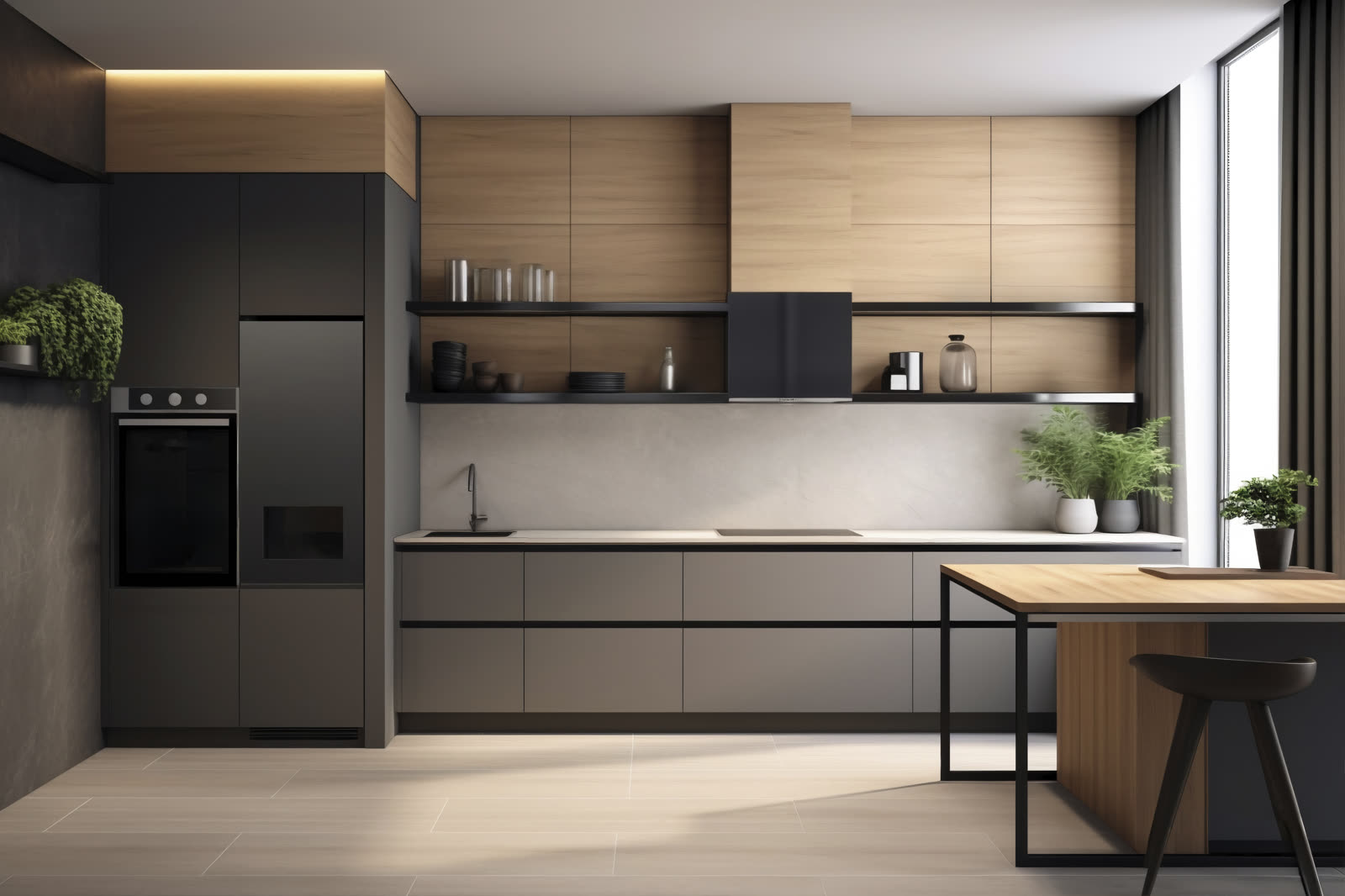 Contemporary kitchen with dark matte cabinetry and a marble island.