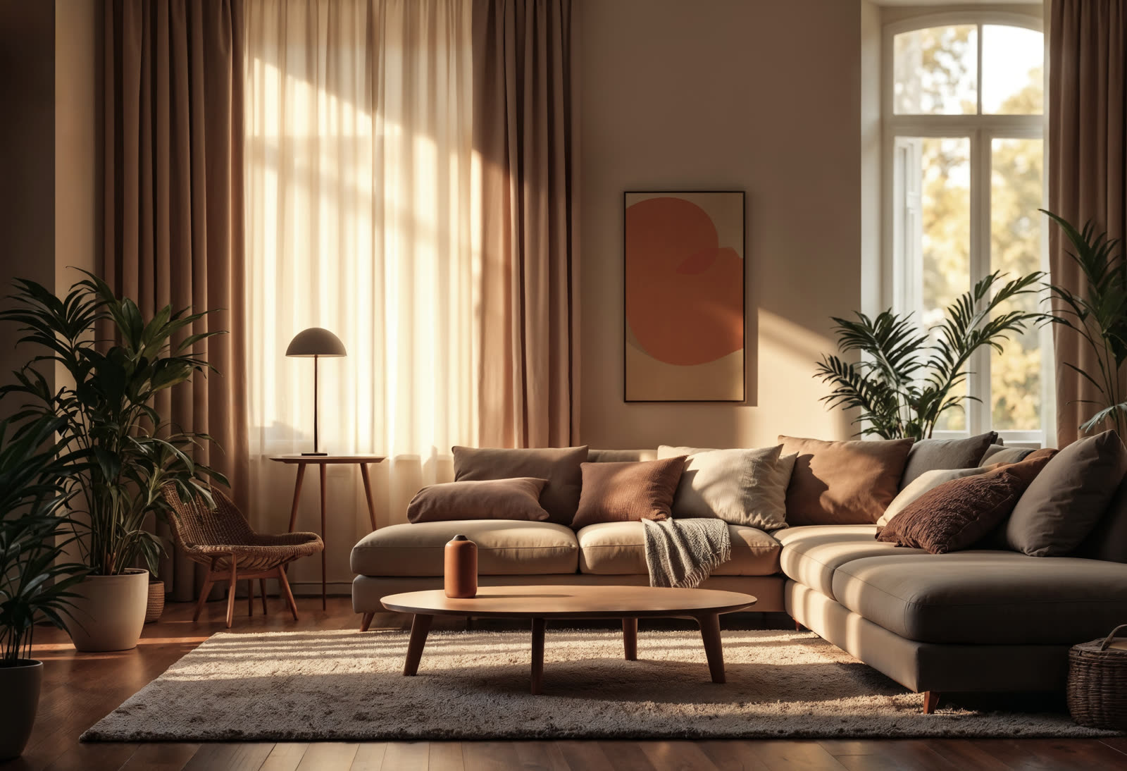Spacious living room with a curved sectional sofa and floor-to-ceiling windows.