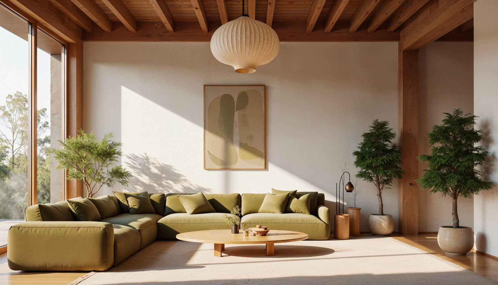 Contemporary interior with a dark coffee table and arched floor lamp.
