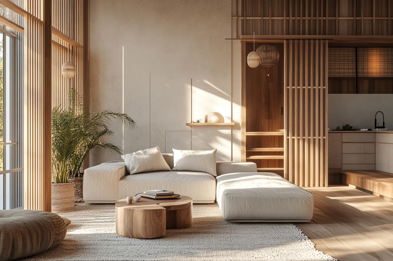 Japandi interior with a low wooden table and paper lamp.