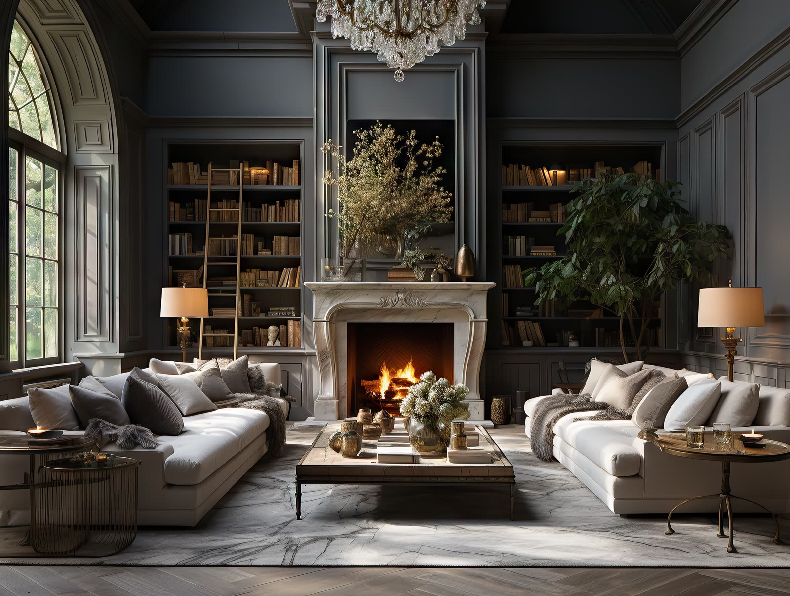 Luxury interior with a crystal chandelier and marble table.