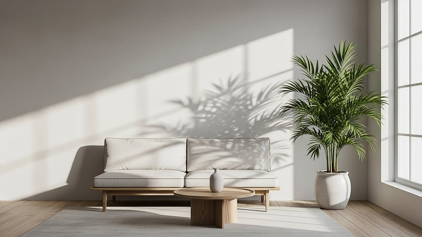 Minimal room with a grey sofa and simple wall art.