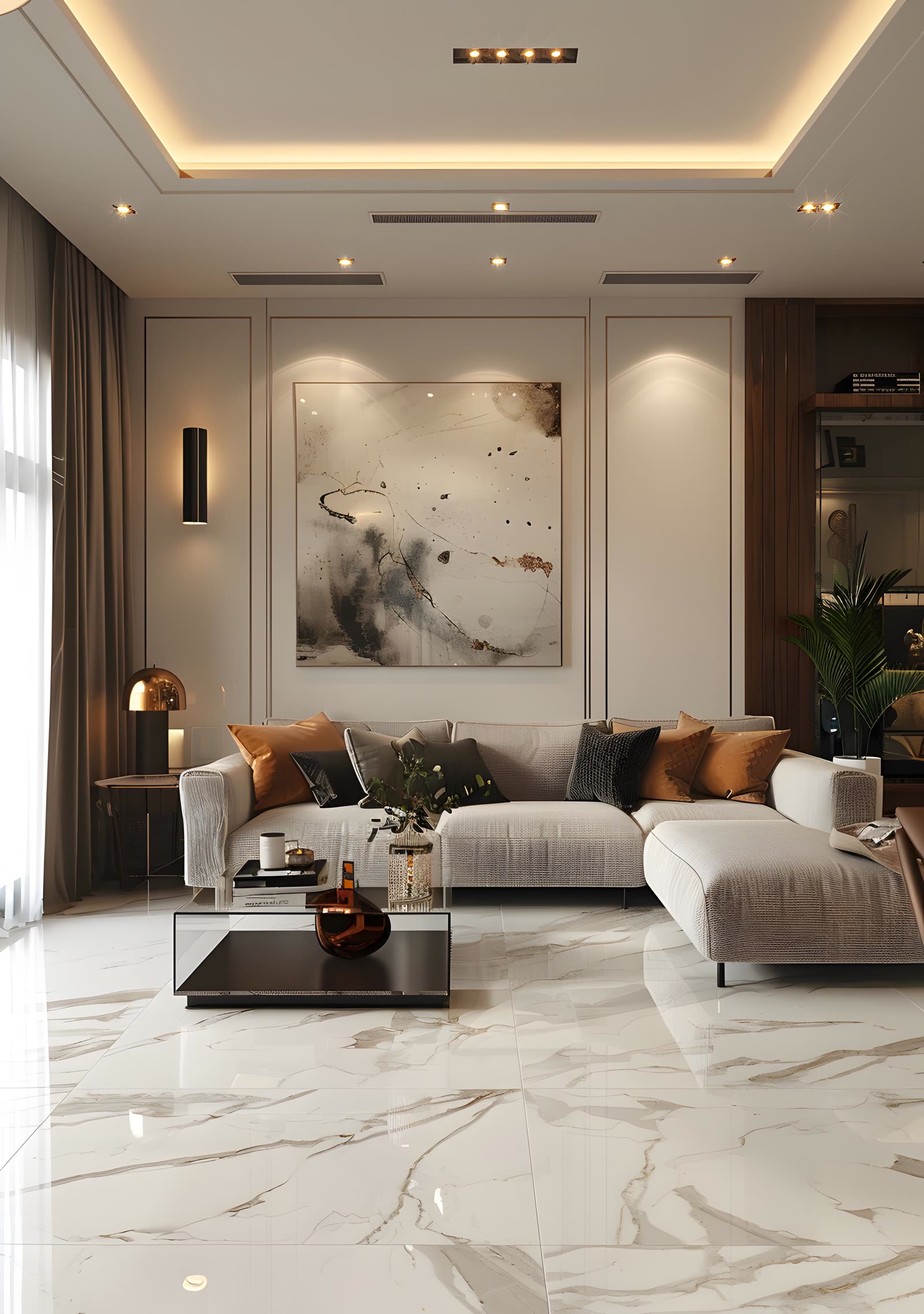 Modern interior with a neutral L-shaped sofa and clean lines.